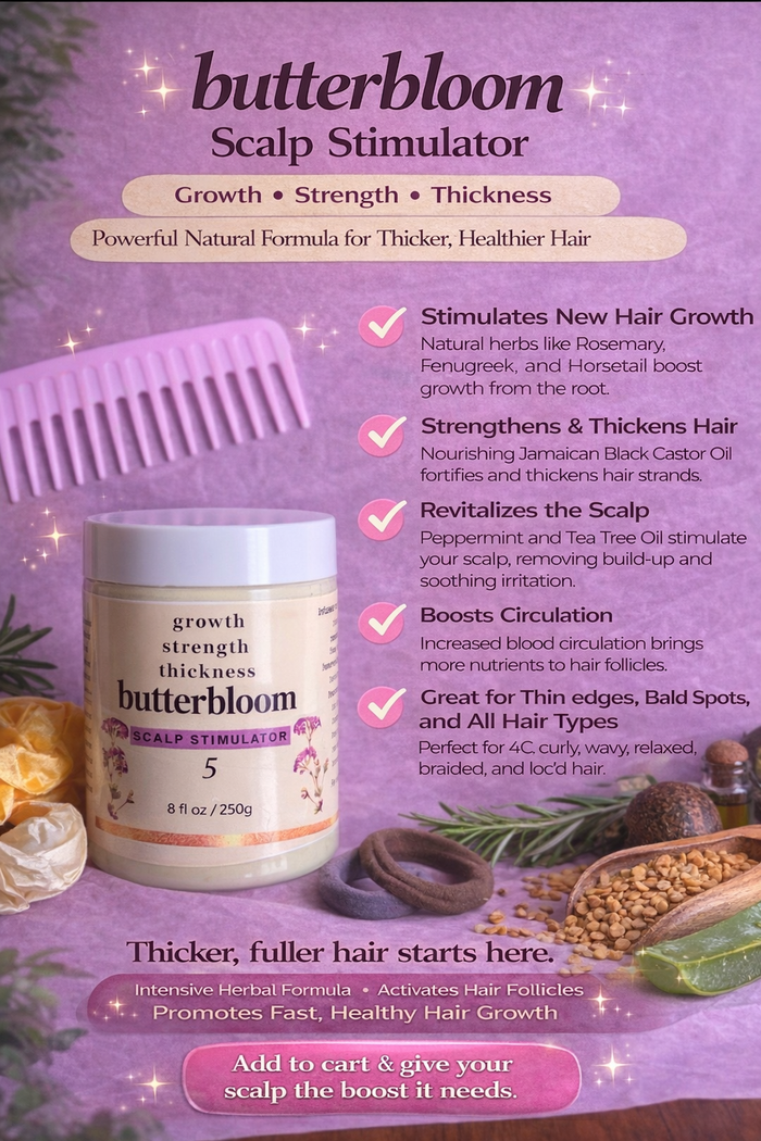 Butterbloom hair growth scalp stimulator balm tube, showing the product packaging and applicator tip on a white background.