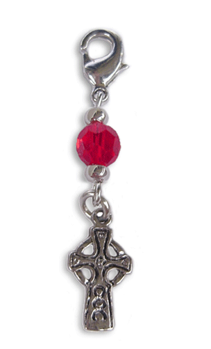 silver celtic cross charm with red faceted bead mini hair accessory front view