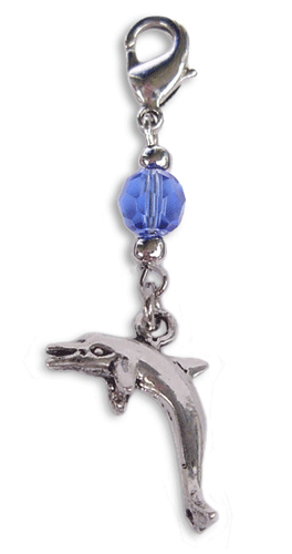 silver dolphin charm with blue faceted bead mini hair accessory front view