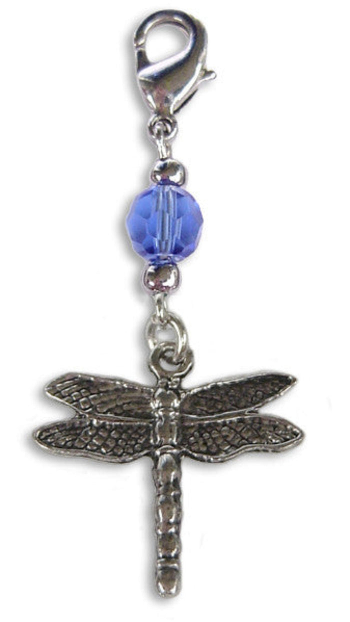 silver dragonfly charm with blue faceted bead mini hair accessory front view