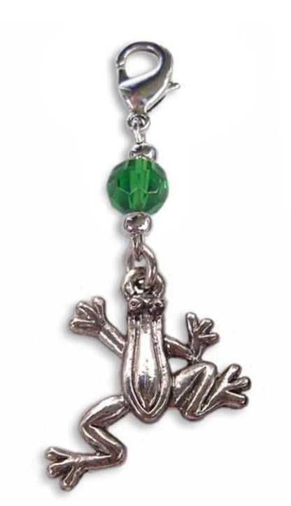 Silver frog charm with round green faceted bead and lobster clasp