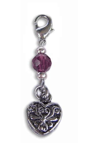 Silver heart charm with purple faceted bead and lobster clasp