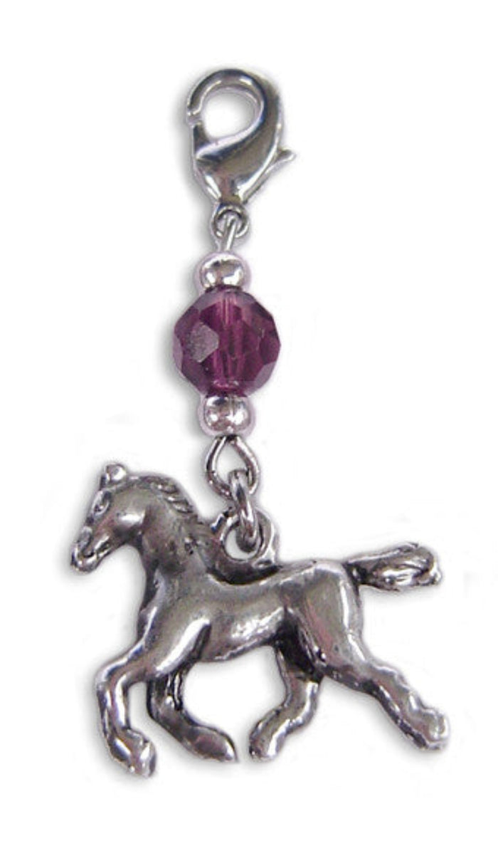 Silver horse charm with purple faceted bead and lobster clasp