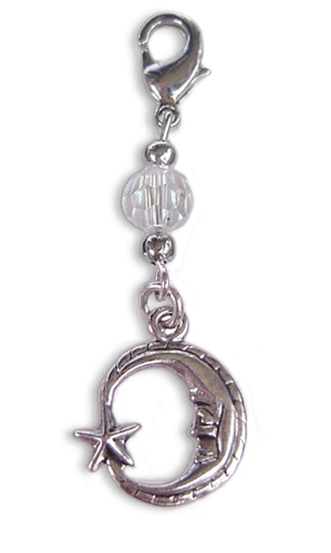 Silver moon and star charm with clear faceted bead and lobster clasp