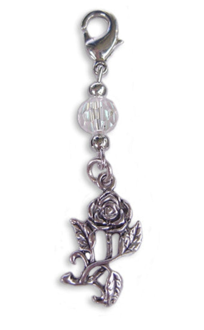 Silver rose charm with clear faceted bead and lobster clasp