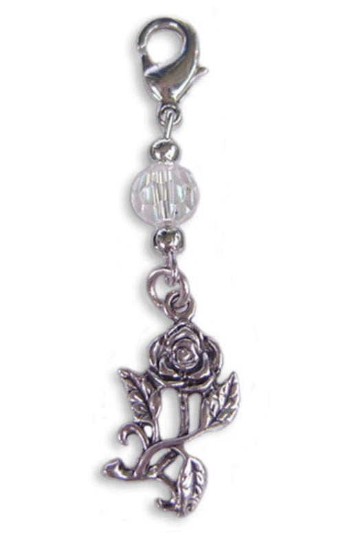 Silver rose charm with clear faceted bead and lobster clasp