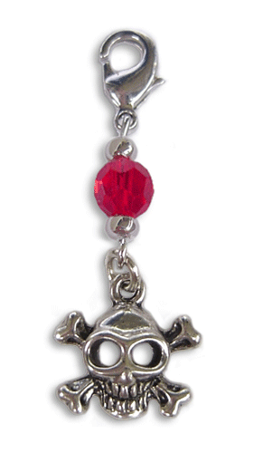 Silver skull and crossbones charm with red faceted bead and lobster clasp