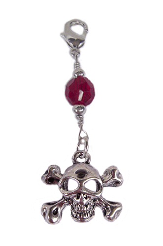 silver skull and crossbones charm with red faceted bead mini hair accessory front view