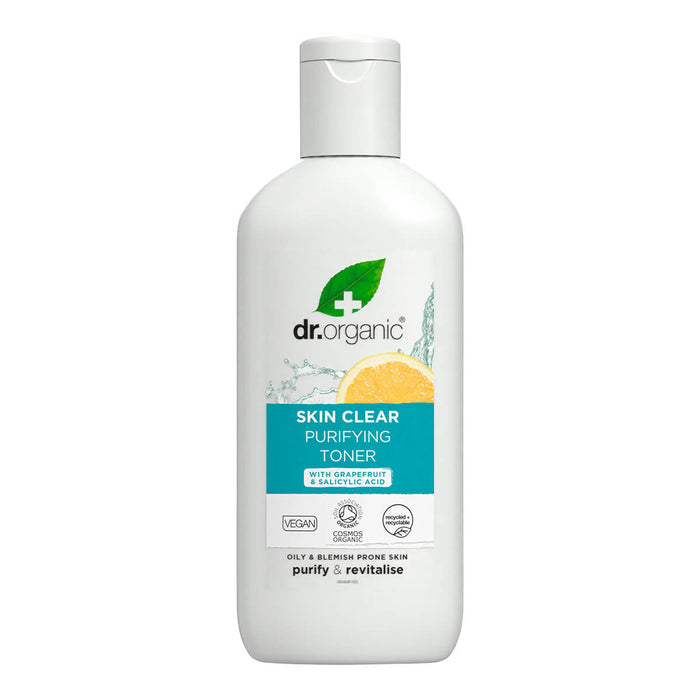 200ml bottle Dr. Organic Skin Clear Purifying Toner with grapefruit extract and salicylic acid.