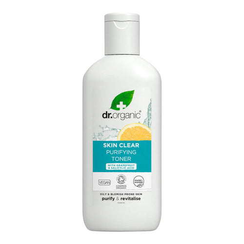 200ml bottle Dr. Organic Skin Clear Purifying Toner with grapefruit extract and salicylic acid.