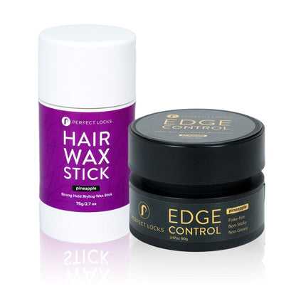 Perfect Locks Hair Wax Stick in a white tube and Edge Control in a black container provide smooth styling with a pineapple scent.
