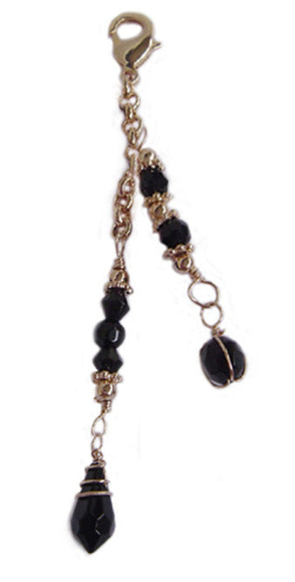 gold multi strand hair charm with black faceted beads and lobster clasp accessory front view