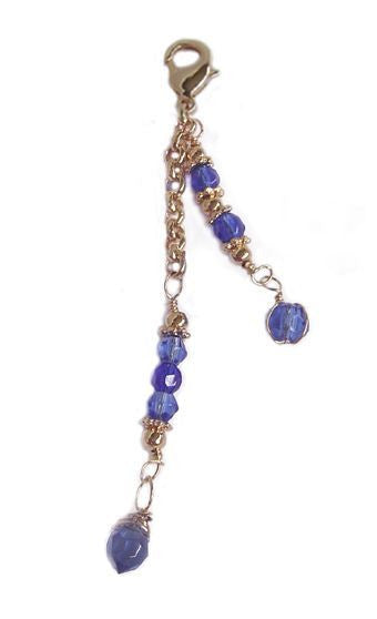 Small gold 2-strand hair charm with blue beads and lobster clasp