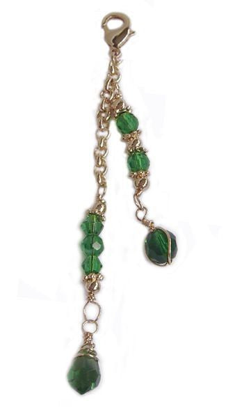 Small gold 2-strand hair charm with green beads and lobster clasp