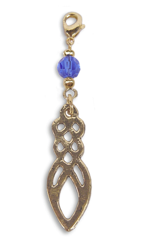 gold celtic knot charm with blue faceted bead mini hair accessory front view