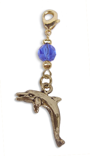gold dolphin charm with blue faceted bead mini hair accessory front view