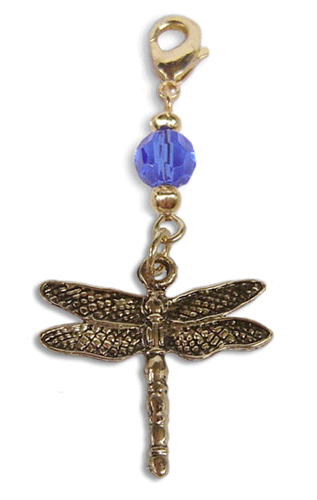 gold dragonfly charm with blue faceted bead mini hair accessory front view