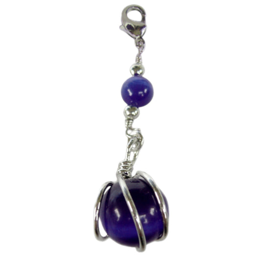 blue bead charm with silver wire wrap and clasp mini hair accessory front view