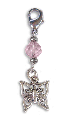 silver butterfly charm with pink faceted bead mini hair accessory front view