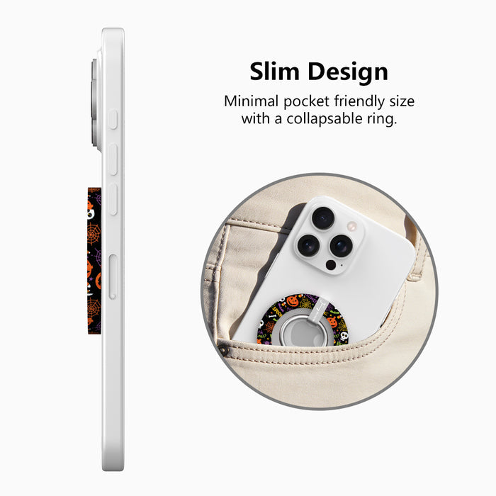 Slim design diagram for the Spooky MagSafe grip ring, showing the low-profile collapsible ring sliding easily into a pocket.