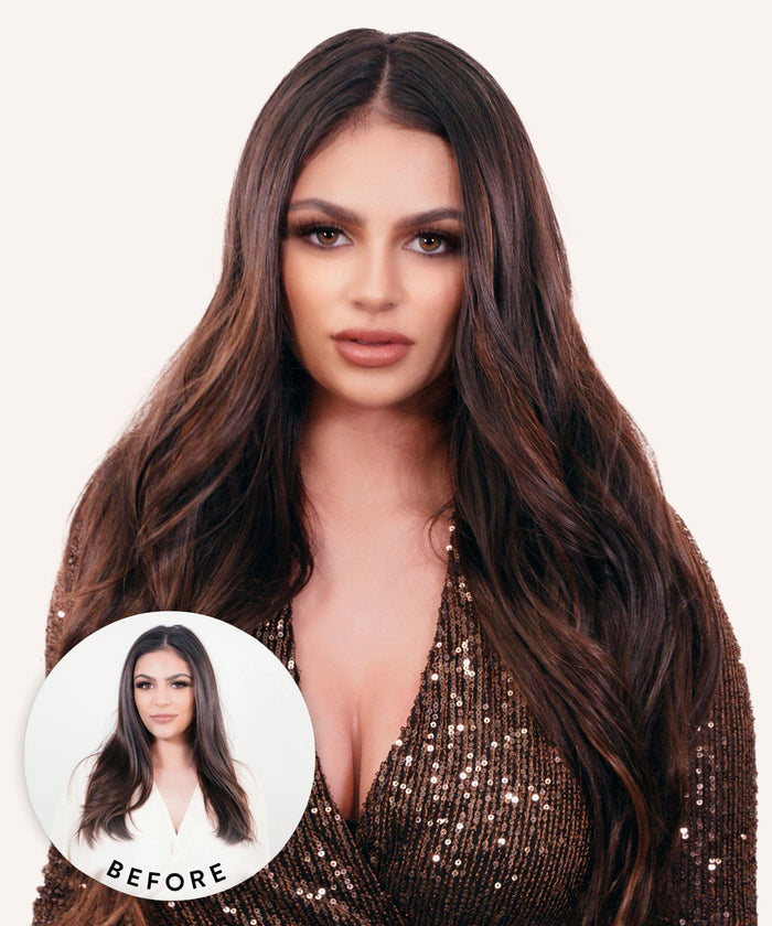 A woman with long, wavy black hair styled with clip-in extensions wears a sparkly brown outfit; inset shows her before, less full hair.