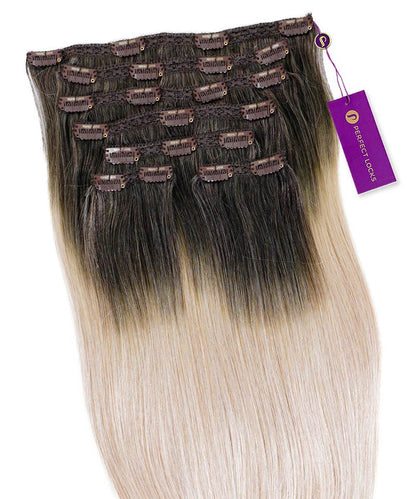 Perfect Locks' Straight Classic Clip-In Hair Extensions in Chocolate Brown  with brown clips and a purple tag at the top right.#color_ashy-brown-balayage-(3/60)