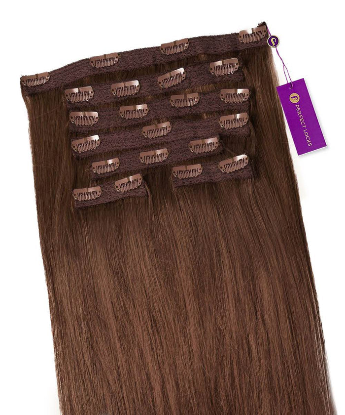 A set of Straight Classic Clip-In Hair Extensions by Perfect Locks in Chocolate Brown  on a white background, with multiple clips at the top and a purple Perfect Locks tag on the side.#color_chocolate-brown-(3)
