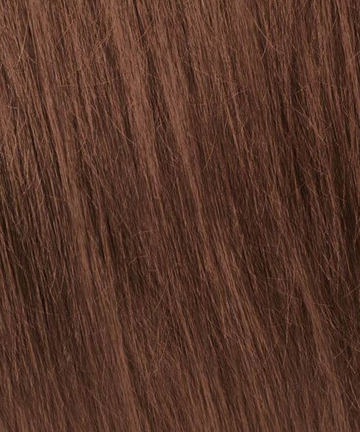 Close-up of straight, golden brown  hair with fine, smooth strands and natural shine—healthy and ideal for blending with Perfect Locks Straight Classic Clip-In Hair Extensions.#color_chocolate-brown-(3)