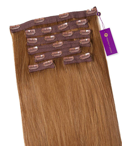 A set of Straight Classic Clip-In Hair Extensions from Perfect Locks in Golden Brown , with clips along the top and a purple tag on the right.#color_golden-brown-(6)
