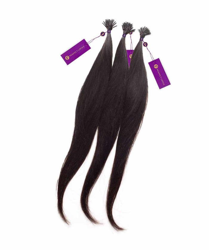 Three bundles of straight, dark brown hair extensions with pointed tips and purple tags are neatly arranged on a white background.