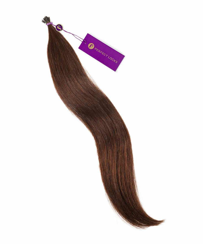 A bundle of Straight Fusion I-Tip Hair by Perfect Locks in natural black  with a purple "Perfect Locks" tag on white.#color_chocolate-brown-(3)