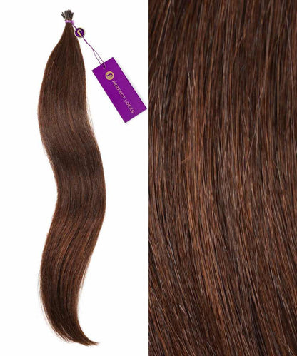 On the left, Perfect Locks Straight Fusion I-Tip Hair in Natural Black  with a purple tag; right shows its smooth, rich hue.#color_chocolate-brown-(3)