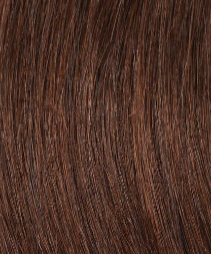 Close-up of straight, shiny Chocolate Brown  hair with natural highlights blending with Straight Fusion I-Tip extensions.#color_chocolate-brown-(3)