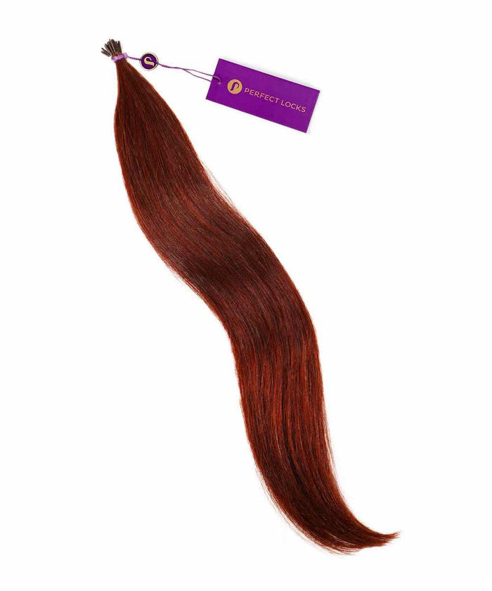 A bundle of straight Chocolate Brown  Perfect Locks Fusion I-Tip Hair extensions with pointed tips and a band, on a white background.#color_dark-auburn-(33)