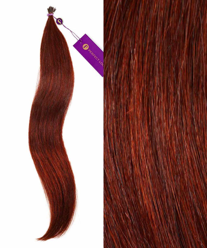 On the left, Perfect Locks Straight Fusion I-Tip Hair in Chocolate Brown  bundled with a purple tag; on the right, a close-up shows its smooth texture and rich color.#color_dark-auburn-(33)