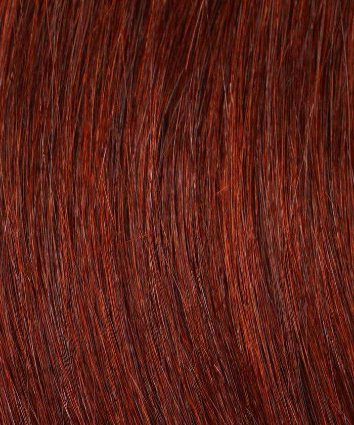 Close-up of straight, shiny hair in Golden Brown , with smooth, well-groomed strands and subtle highlights—ideal for Perfect Locks Straight Fusion I-Tip Hair extensions.#color_dark-auburn-(33)