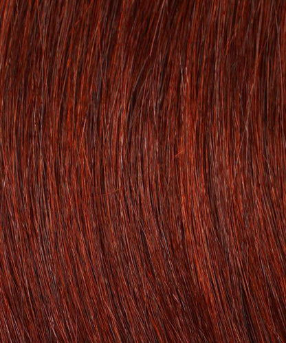 Close-up of straight, shiny hair in Golden Brown , with smooth, well-groomed strands and subtle highlights—ideal for Perfect Locks Straight Fusion I-Tip Hair extensions.#color_dark-auburn-(33)