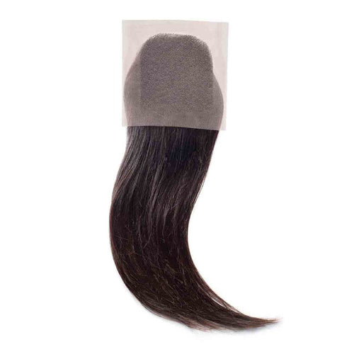 A dark brown lace hair closure with straight strands displayed against a white background, transparent lace base visible at the top.