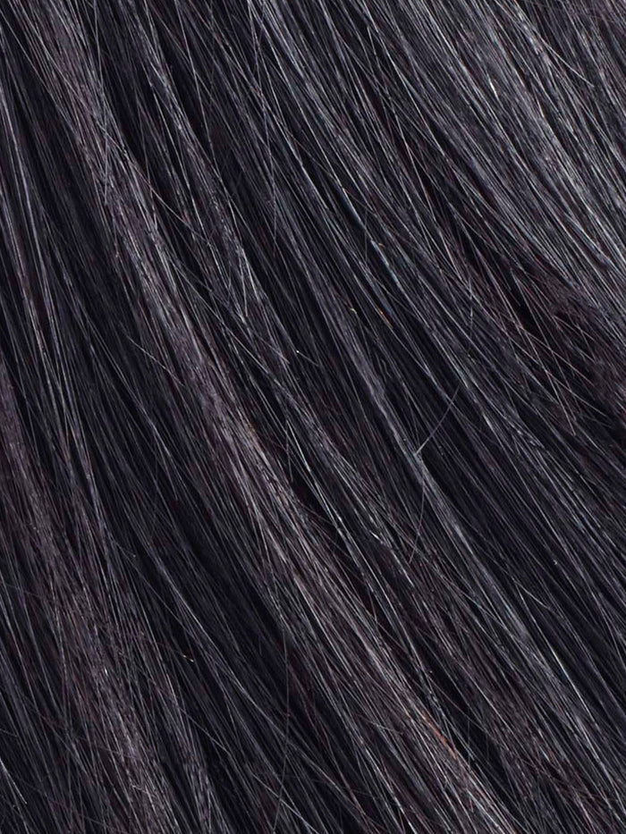 Close-up view of dark brown or black hair showing individual strands, subtle highlights, natural shine, and realistic texture.