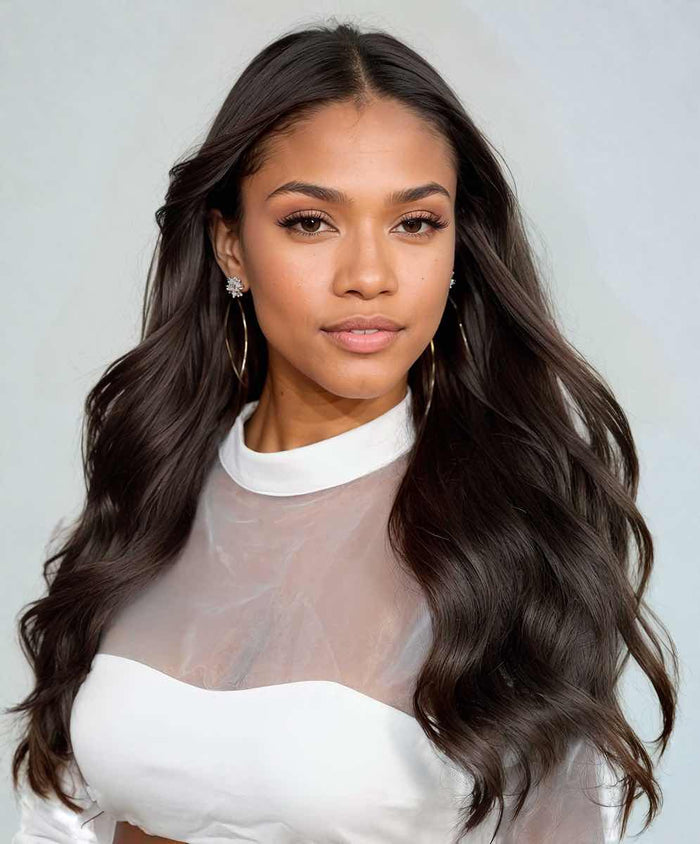 A woman with long, sleek Perfect Locks Straight Virgin Machine Weft hair in Natural Black  poses in a white sheer top and hoops.