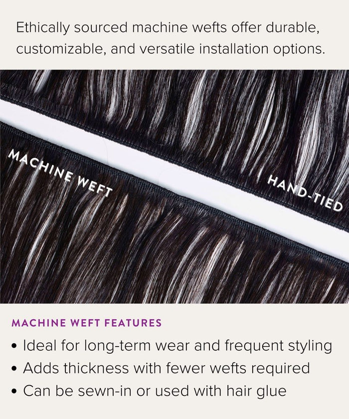 Perfect Locks' Straight Virgin Machine Weft in Natural Black  is displayed, with text noting its durability and versatility.