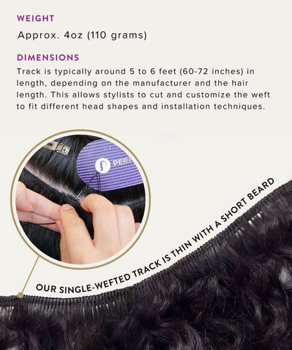 Close-up of a hand holding Perfect Locks Straight Virgin Machine Weft in Natural Black, with a purple comb beneath the thin weft.