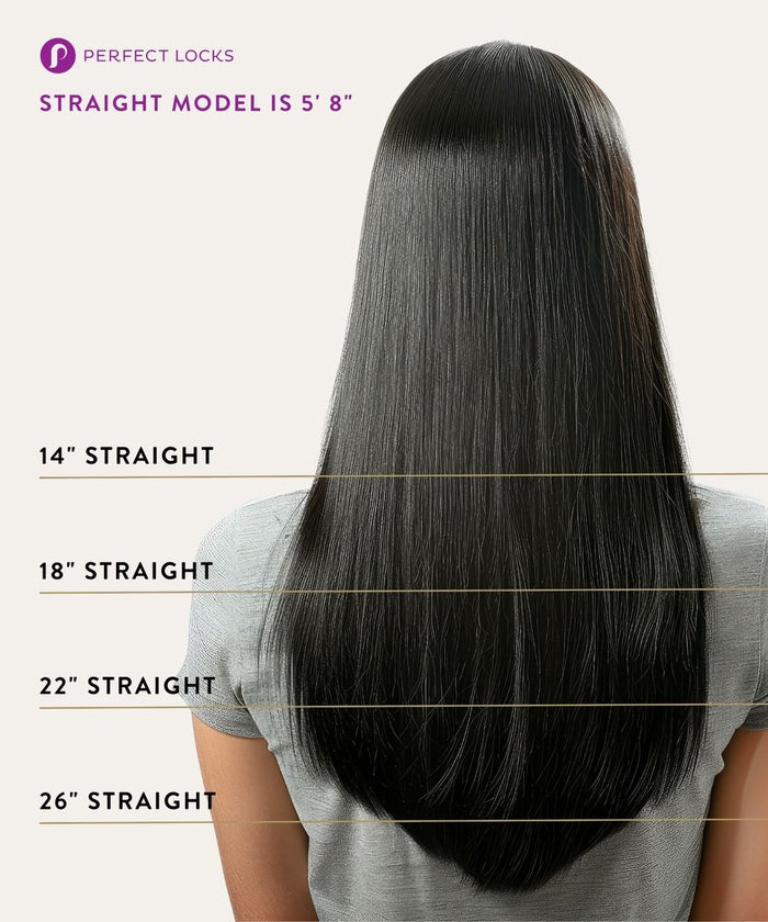 A woman with long, straight Natural Black  hair is shown from the back, displaying 14", 18", 22", and 26" Straight Virgin Machine Weft extensions by Perfect Locks. Top text: "Straight model is 5'8"." Ideal for showcasing Remy extensions.
