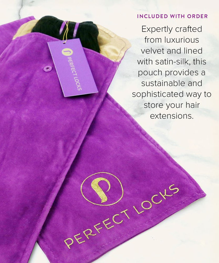 A vibrant purple velvet pouch with a gold “Perfect Locks” logo and satin-silk lining provides elegant, sustainable storage.