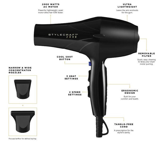 STYLECRAFT 2000 SUPER CERAMIC PROFESSIONAL DRYER # SC2000C - Palms Fashion Inc.