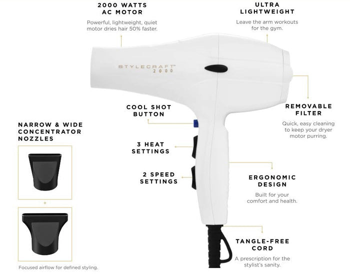 STYLECRAFT 2000 SUPER CERAMIC PROFESSIONAL DRYER # SC2000CW - Palms Fashion Inc.