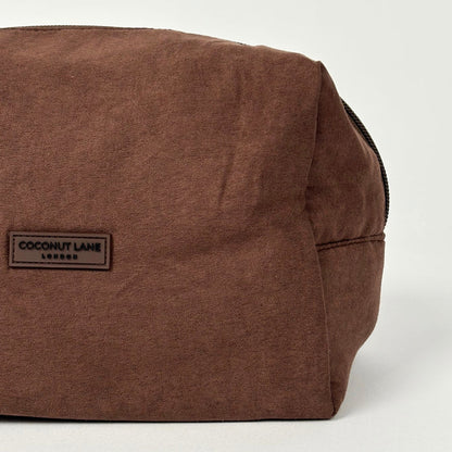 Chocolate brown suedette makeup bag with zip top from Coconut Lane.