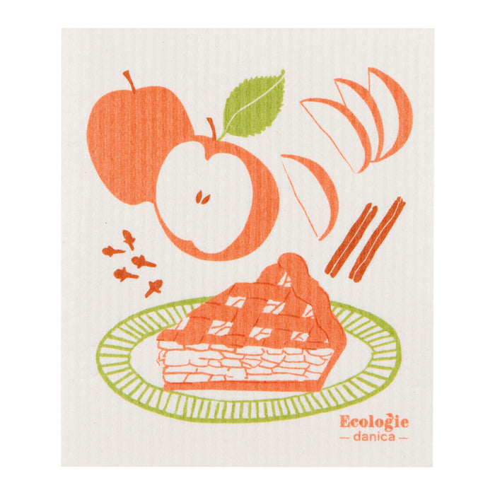 Dishcloth with apple, pie, and cinnamon design on a white background