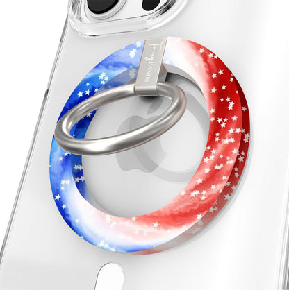 Sweet Freedom 250 patriotic watercolor MagSafe phone grip ring with swirling red white and blue pattern and white stars compatible with iPhone and Samsung