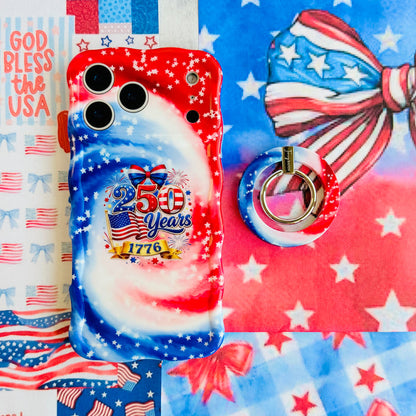 Sweet Freedom 250 patriotic watercolor MagSafe phone grip ring with swirling red white and blue pattern and white stars compatible with iPhone and Samsung